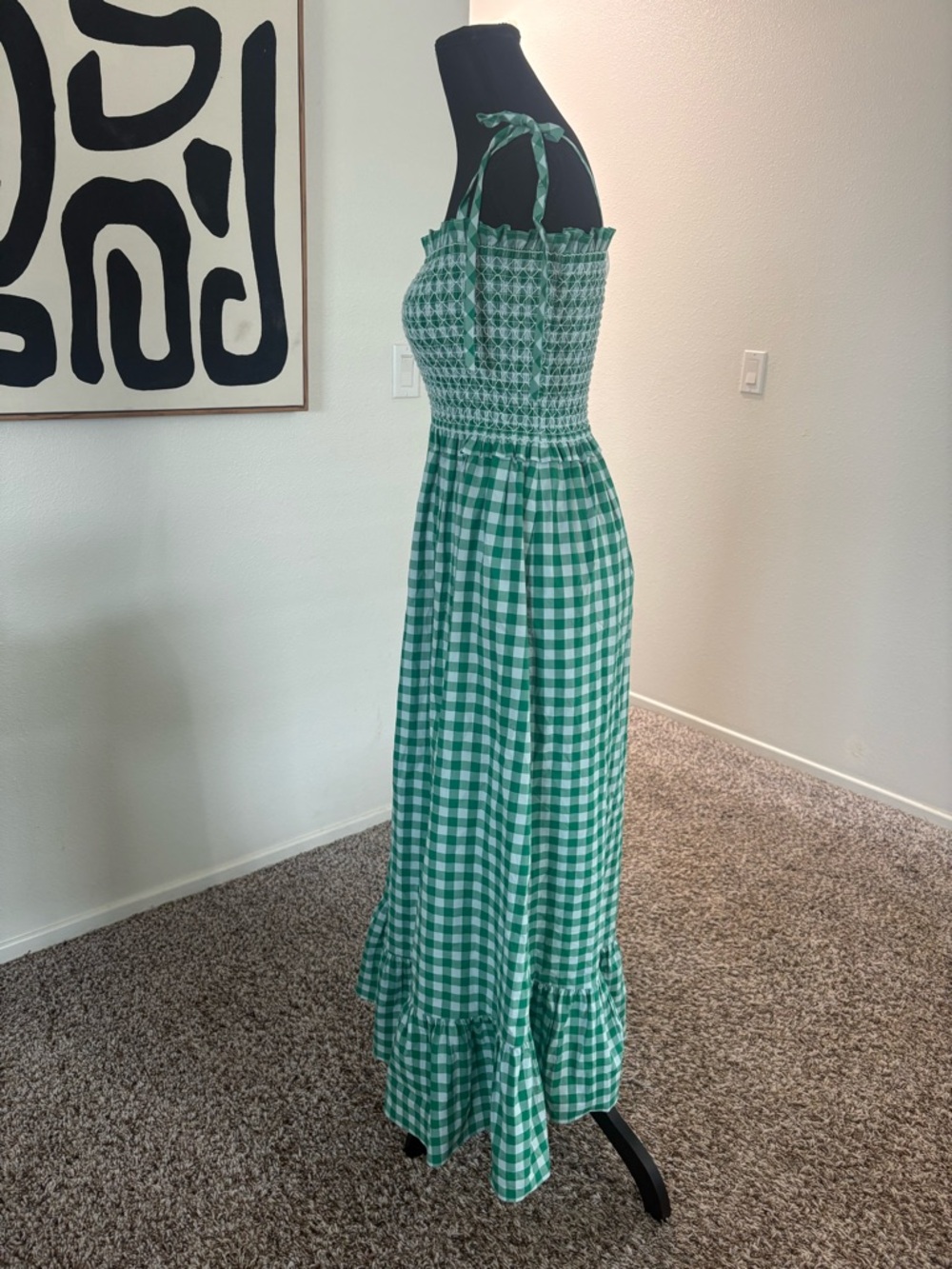 kate spade Green Gingham Smocked Maxi Dress with Tie Straps - Picture 2 of 8